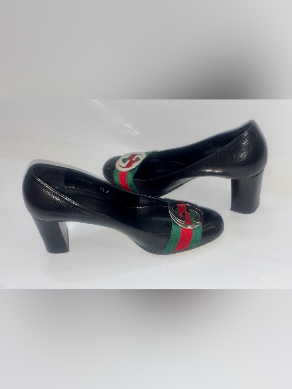 Gucci Marmont GG Logo Web Stripe Heels Black Leather Block Heel Pumps Size 7.5 M - Picture 6 of 9
